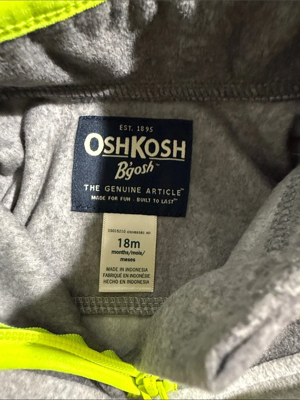 OshKosh B'gosh Gray Fleece Pullover with Neon Yellow Accents
